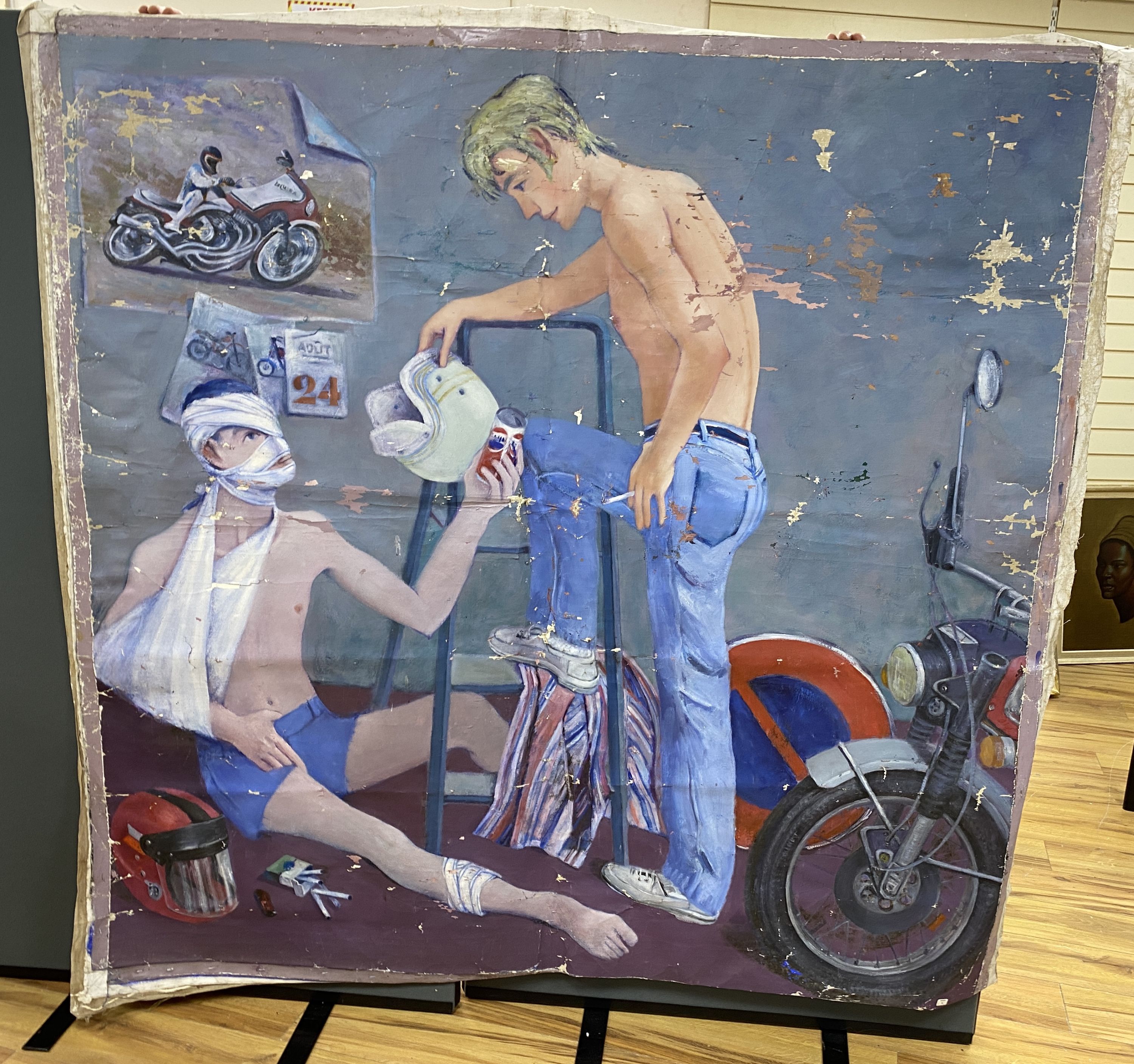 Two large unusual late 20th century French oil studies, one detailing a nude figure, shot with arrows, the other detailing two men in conversation following a motor racing accident, 172 x 176 and 154 x 160, both unframed